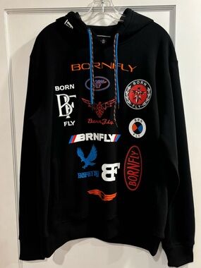 Bornfly NEW Hooded Pullover Sweatshirt Black Embroidery Graphics Mens Large  Y2K